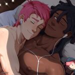  2angelisimo 2boys adventure_time adventure_time:fionna_and_cake bed black_hair character_doll closed_mouth couple dark-skinned_male dark_skin earphones highres looking_at_another lying male_focus marshall_lee multiple_boys nipples on_back on_bed on_side one_eye_closed pink_hair prince_bubba_gumball shared_earphones short_hair smile toned toned_male twitter_username yaoi 