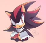  1boy 2019 cropped_torso crossed_arms furry furry_male gloves male_focus pink_background quark196 red_eyes shadow_the_hedgehog signature simple_background solo sonic_(series) white_fur white_gloves 