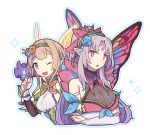  2girls ;d bare_shoulders blonde_hair breasts bridal_gauntlets bug butterfly butterfly_on_hand cleavage crossed_arms facial_mark fairy fairy_wings fire_emblem fire_emblem_heroes flower forehead_mark grey_hair haconeri hair_flower hair_ornament large_breasts long_hair looking_at_another medium_breasts multiple_girls official_alternate_costume one_eye_closed open_mouth peony_(cherished_dream)_(fire_emblem) peony_(fire_emblem) plumeria_(fire_emblem) plumeria_(rapturous_dream)_(fire_emblem) purple_eyes smile upper_body white_background wings 