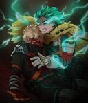  2boys bakugou_katsuki blonde_hair blood blood_on_clothes blood_on_face boku_no_hero_academia cape closed_eyes commentary crying crying_with_eyes_open daniartonline electricity freckles full_cowling_(boku_no_hero_academia) gloves green_eyes green_hair hand_on_another&#039;s_chest highres male_focus midoriya_izuku multiple_boys short_hair spiked_hair tears white_gloves yellow_cape 