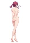  1girl arms_behind_back ass barefoot breasts closed_mouth completely_nude earrings feet from_behind full_body highres honkai:_star_rail honkai_(series) jewelry kafka_(honkai:_star_rail) large_breasts looking_at_viewer looking_back nipples nude purple_eyes purple_hair shoulder_blades simple_background smile solo standing tiptoes white_background yunkaiming 