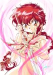  1990s_(style) 1girl absurdres bow braid completely_nude hair_bow highres holding holding_sword holding_weapon long_hair looking_at_viewer magic_knight_rayearth nude orange_eyes parted_lips red_bow red_hair retro_artstyle shidou_hikaru single_braid sword weapon yoshinaga_masahiro 