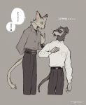  anthro canid canine canis clothed clothing domestic_cat domestic_dog duo eyewear felid feline felis fingers floppy_ears fur glasses hi_res inner_ear_fluff japanese_text male mammal mucknagabe smile tail text translation_request tuft wearing_glasses whiskers 