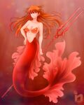  breasts cleavage fins lance_of_longinus_(evangelion) long_hair mermaid midriff monster_girl navel neon_genesis_evangelion red_background red_hair saotome_nanda souryuu_asuka_langley 