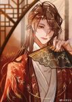  1boy chinese_clothes hand_fan hanfu highres holding holding_fan long_hair long_sleeves looking_at_viewer male_focus qiang_jin_jiu shen_lanzhou smile solo upper_body wide_sleeves 
