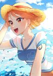  1girl absurdres artist_name birthday blue_shirt blue_sky blush breasts brown_skirt cloud cloudy_sky collarbone commentary english_commentary hand_on_headwear hat highres looking_to_the_side medium_breasts nami_(one_piece) one_piece open_mouth orange_eyes orange_hair outdoors shirt short_hair short_sleeves shoulder_tattoo skirt sky smile solo straw_hat tattoo teeth twitter_username two-tone_shirt upper_teeth_only v-neck water watermark white_shirt yellow_headwear yunre_(yunreart) 