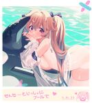  1girl anchorage_(azur_lane) anchorage_(dolphins_and_swim_lessons)_(azur_lane) azur_lane bandaid black_ribbon border bottomless breasts closed_mouth dated hair_between_eyes hair_ribbon heart highres inflatable_orca inflatable_toy large_breasts light_brown_hair lisa_(faeuna) lying official_alternate_costume on_stomach outside_border protected_link red_eyes red_nails ribbon see-through see-through_sleeves sideboob smile solo thighhighs topless water white_border white_thighhighs 