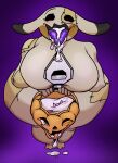  anthro beady_eyes big_breasts black_eyes blush bodily_fluids breasts cum cum_in_mouth cum_inside cum_on_tongue dipstick_ears eyelashes female generation_7_pokemon genital_fluids halloween holding_object holidays huge_breasts looking_at_viewer m1m1cal mimikyu multicolored_ears nintendo open_mouth pokemon pokemon_(species) purple_background purple_tongue seam_(sewing) simple_background solo stitch_(sewing) tan_body thick_thighs tongue tongue_out wide_hips yellow_body 