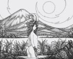  1girl ass breasts copyright_request expressionless grass highres horns looking_at_viewer ltstry monochrome mountain nude sideboob signature small_breasts soaking_feet solo water wide_shot 