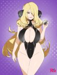  1girl black_one-piece_swimsuit blonde_hair breasts cleavage cynthia_(pokemon) fur-trimmed_sleeves fur_trim grey_eyes grin hair_ornament hair_over_one_eye hand_up highleg highleg_swimsuit highres holding holding_poke_ball large_breasts lips long_hair looking_at_viewer luxury_ball one-piece_swimsuit parted_lips poke_ball pokemon pokemon_(game) pokemon_dppt purple_background r3dfive smile solo starry_background swimsuit very_long_hair 
