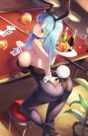  1girl adjusting_clothes adjusting_leotard animal_ears ass bent_over black_hairband black_leotard black_pantyhose blue_eyes blue_hair bottle breasts bulma card closed_mouth cue_stick cup dragon_ball dragon_ball_(object) drinking_glass fake_animal_ears fake_tail from_above from_behind gainoob hairband high_heels highres holding holding_tray large_breasts leotard long_hair looking_back on_one_knee pantyhose plant playboy_bunny playing_card pool_table rabbit_ears rabbit_tail smile solo stool table tail thighband_pantyhose tray wine_bottle wine_glass 