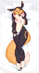  2023 absurd_res anthro bandai_namco big_breasts black_sclera blue_eyes breasts choker clothing crossover dakimakura_design digimon digimon_(species) dipstick_ears dipstick_tail eeveelution female fluffy fluffy_tail fur generation_2_pokemon hi_res jewelry kigurumi looking_at_viewer lying markings multicolored_ears navel neck_tuft necklace nintendo nipples on_back onesie open_mouth pink_nipples pokemon pokemon_(species) renamon seductive solo sshurart tail tail_markings tuft umbreon undressing wide_hips yellow_body yellow_fur 