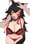  1boy 1girl animal_ear_fluff animal_ears black_hair blush breasts highres hololive large_breasts long_hair multicolored_hair ookami_mio pubic_hair pubic_hair_peek red_hair streaked_hair tail variant_set varniskarnis virtual_youtuber wolf_ears wolf_girl wolf_tail 