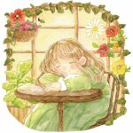  1girl arched_bangs blush brown_hair chair closed_eyes closed_mouth dress flower long_hair long_sleeves on_chair oniheya_53 original painting_(medium) plant sleeping table traditional_media watercolor_(medium) 