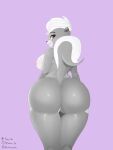  2023 absurd_res anthro big_breasts big_butt blush breasts butt female fur grey_body grey_fur hair hasbro hi_res huge_butt littlest_pet_shop looking_at_viewer looking_back mammal mephitid nipples nude pepper_clark pink_eyes setroc simple_background skunk smile solo tail thick_thighs white_hair wide_hips 
