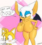  anthro asking_another bat big_breasts blush bodily_fluids breasts canid canine dialogue duo english_text female fox hi_res hornamoo huge_breasts lactating male male/female mammal miles_prower milk milk_carton nipples nude rouge_the_bat sega sonic_the_hedgehog_(series) spit-take text wings 