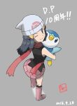  1girl ;) beanie black_hair black_shirt black_socks boots closed_mouth commentary_request dated dawn_(pokemon) grey_background hair_ornament hairclip hat highres holding holding_pokemon kneehighs long_hair looking_at_viewer one_eye_closed pink_footwear pink_skirt piplup pokemon pokemon_(creature) pokemon_(game) pokemon_dppt sawa_(soranosawa) scarf shirt sidelocks skirt sleeveless sleeveless_shirt smile socks standing white_headwear 