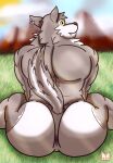  anthro anus big_butt brown_body brown_fur butt canid canine canis digital_media_(artwork) ear_piercing epic_games fangs fluffy fluffy_tail fortnite fortnite:_battle_royale fur grass hi_res looking_at_viewer looking_back looking_back_at_viewer male mammal muscular muscular_anthro muscular_male nude outside piercing plant presenting presenting_hindquarters red_panda_mirr smile solo tail teeth wendell_(fortnite) wolf yellow_sclera 
