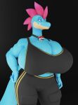  anthro big_breasts blue_body blue_eyes bra breasts camel_toe cleavage clothed clothing collar fallen_angel_(artist) female feraligatr generation_2_pokemon hand_on_hip hi_res looking_away nintendo pokemon pokemon_(species) scalie simple_background solo sports_bra underwear yuki_(evov1) yukigatr_(evov1) 