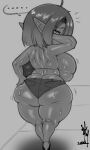  absurd_res adelia_(changbae) big_breasts bodily_fluids bottomwear breasts changbae clothing cutoffs daisy_dukes denim denim_clothing female goblin hi_res hotpants humanoid looking_at_viewer looking_back looking_back_at_viewer not_furry rear_view shorts sweat thick_thighs 