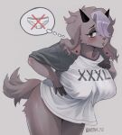  anthro big_breasts black_fingers blush bovid breasts caprine clothed clothing ear_piercing eyeshadow female goat hair half-closed_eyes hand_on_breast hand_on_hip hi_res horn makeup mammal narrowed_eyes noona_plz one_eye_obstructed pictographics piercing shirt side_cut simple_background solo t-shirt tail thick_thighs topwear 