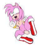  amy_rose anthro boots bouncing_breasts breasts clothing cuff_(restraint) disembodied_penis eulipotyphlan female footwear fours_(artist) fur genitals green_eyes hedgehog hi_res looking_pleasured lying male mammal mostly_nude on_side penis pink_body pink_fur restraints sega solo sonic_the_hedgehog_(series) vaginal wrist_cuffs 