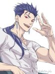  1boy arm_up blue_hair collarbone cu_chulainn_(fate) earrings fate/hollow_ataraxia fate_(series) fumizuki_nana jewelry long_hair looking_at_viewer male_focus open_mouth ponytail red_eyes shirt short_sleeves simple_background smile solo spiked_hair teeth twitter_username upper_body upper_teeth_only white_background white_shirt 
