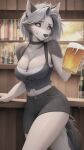  ai_generated alcohol anthro beer_glass beverage bra breasts canid canid_demon canine clothed clothing demon detailed_background female hellhound helluva_boss hi_res loona_(helluva_boss) mammal red_eyes underwear 