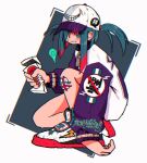  1girl aqua_eyes aqua_hair bandaid bandaid_on_knee bandaid_on_leg baseball_cap charm_(object) clenched_teeth colored_tips commentary from_side full_body grey_background hair_over_one_eye hat holding jacket long_sleeves looking_at_viewer looking_to_the_side medium_hair multicolored_hair nao97122 no_smoking one_eye_covered original outside_border print_headwear print_jacket purple_headwear purple_jacket purple_sleeves red_hair shoes sneakers solo streetwear symbol-only_commentary teeth two-tone_hair two_side_up white_background white_footwear white_headwear white_jacket zipper_pull_tab 