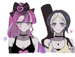  2girls black_lemonade_cookie blue_hair bow choker cookie_run cross cross_necklace expressionless eyeshadow guitar_case hair_bow humanization instrument_case jewelry looking_at_viewer makeup mamimumemo multicolored_hair multiple_girls necklace personification pink_hair shining_glitter_cookie 