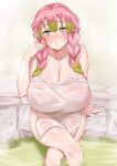  1girl bare_shoulders bathing blush breasts cleavage collarbone crossed_legs darkmaya gradient_hair green_hair highres huge_breasts kanroji_mitsuri kimetsu_no_yaiba long_hair looking_at_viewer mole mole_under_eye multicolored_hair naked_towel open_mouth pink_hair sitting solo thighs towel tri_braids water wet 