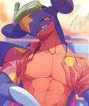  abs ambiguous_gender beach_style_garchomp black_sclera blue_body blush bodily_fluids chair clothed clothing day dorsal_fin dragon feral fin furniture garchomp generation_4_pokemon hi_res holowear_(pokemon) light looking_at_viewer muscular muscular_ambiguous nintendo open_clothing open_mouth open_shirt open_topwear orange_clothing orange_shirt orange_topwear pecs pokemon pokemon_(species) pokemon_unite remmus_d scalie semi-anthro sharp_teeth shirt sky snorkel solo spikes sunlight sweat teeth topwear wing_claws yellow_body yellow_eyes 