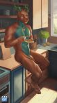  abs animated anthro antlers balls blue_body blue_fur blue_hair breakfast brown_body brown_fur brown_hair digital_media_(artwork) ears_up fur genitals hair horn jewelry kitchen levsha male morning muscular necklace penis pubes red_nose solo sun yellow_eyes 