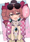  1girl brown_hair drill_hair eyewear_on_head floral_print hat highres jewelry katayama_kei long_sleeves looking_at_viewer mini_hat mini_top_hat necktie open_mouth ring rose_print solo speech_bubble top_hat touhou twin_drills upper_body wide_sleeves yorigami_jo&#039;on 