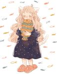  1girl animal_ears arched_bangs blue_dress blush cat_ears cat_tail closed_eyes dress fish holding long_hair long_sleeves oniheya_53 original painting_(medium) signature tail traditional_media very_long_hair watercolor_(medium) wavy_hair 