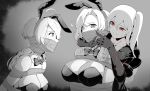  3girls absurdres abyssal_ship aircraft_carrier_princess bare_shoulders bdsm bondage bound bow breasts commission empty_eyes evil_smile femdom gag gagged highres hornet_(kancolle) improvised_gag iowa_(kancolle) kantai_collection kidnapped long_hair looking_at_another multiple_girls playboy_bunny red_eyes scared side_ponytail smile tape tape_bondage tape_gag thealagator upper_body wavy_hair 