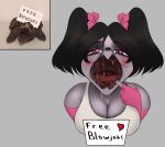  &lt;3 absurd_res anthro blush cosplay female gaping_mouth hi_res meme open_mouth pigtails reptile scalie shitpost sign snapping_turtle solo sunstripe tagme turtle 