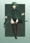  1girl absurdres animal_ear_legwear artist_name black_background black_dress black_thighhighs breasts cat_ear_legwear covered_navel dated dress full_body gogo_(gogo_23) green_hair grey_background highres long_sleeves no_shoes one-punch_man short_hair small_breasts smile solo tatsumaki teeth thighhighs translation_request 