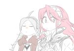  2girls ahoge braid capelet closed_eyes closed_mouth fire_emblem fire_emblem_fates hood hood_down hooded_capelet looking_at_viewer low_twin_braids multiple_girls nina_(fire_emblem) parted_bangs pink_hair soleil_(fire_emblem) teacher_sbm twin_braids white_hair 