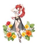  1girl arms_behind_head artist_request bikini black_skirt bracelet breasts eyepatch flower full_body hair_flower hair_ornament hwa_ryun jewelry leg_up medium_breasts official_art parted_lips ponytail red_eyes skirt solo strappy_heels swimsuit teeth tower_of_god white_bikini 