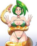  ambiguous_gender ambiguous_pred big_breasts bikini blush breasts cleavage clothed clothing coiling digital_media_(artwork) duo female female/ambiguous female_prey feral green_bikini green_clothing green_eyes green_hair green_swimwear hair hi_res human imminent_vore light_body light_skin mammal navel open_mouth oral_vore ponytail reptile rupie_(artist) scales scalie size_difference snake swimwear vore willing_prey yellow_body yellow_scales 