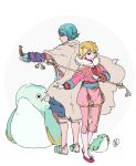  1boy 1girl baten_kaitos blonde_hair blue_hair closed_mouth full_body hair_between_eyes hand_up kalas_(baten_kaitos) konakawa looking_at_viewer scarf short_hair simple_background smile white_background xelha_(baten_kaitos) 