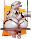  absurd_res areola big_breasts big_butt breasts butt clothed clothing goldmikun hand_on_breast hi_res huge_butt kobold looking_at_viewer looking_back looking_back_at_viewer rear_view red_eyes signature sitting skimpy swing tail thick_thighs thong topless underwear white_body 