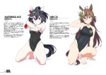  2girls ahoge animal_ears barefoot black_hair black_one-piece_swimsuit blue_eyes breasts brown_hair character_name clothes_writing commentary_request competition_swimsuit covered_navel ear_covers feet hair_between_eyes hat highleg highleg_swimsuit horse_ears horse_girl horse_tail katsuragi_ace_(umamusume) kneeling long_hair looking_at_viewer medium_breasts medium_hair mini_hat mini_top_hat mr._c.b._(umamusume) multicolored_hair multiple_girls on_one_knee one-piece_swimsuit ponytail shigino_sohuzi simple_background small_breasts streaked_hair swimsuit tail toes top_hat translation_request umamusume undressing white_background white_hair white_headwear 