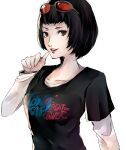  1girl black_hair black_shirt bob_cut brown_eyes eyewear_on_head highres layered_sleeves long_sleeves looking_at_viewer ohya_ichiko persona persona_5 pertex_777 print_shirt shirt short_hair short_over_long_sleeves short_sleeves simple_background solo sunglasses upper_body white_background white_sleeves 