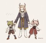  1girl 2boys aged_down ascot black_ribbon black_socks blonde_hair blue_coat boots brown_footwear brown_pants brown_shorts closed_mouth coat collared_shirt commentary_request comori56 demon_boy demon_girl demon_horns draht_(sousou_no_frieren) dress full_body green_hair grey_background hair_over_one_eye hair_ribbon height_difference holding_hands horns linie_(sousou_no_frieren) long_hair long_sleeves looking_at_another looking_down lugner_(sousou_no_frieren) multiple_boys neck_ribbon pants red_dress ribbon shirt shoes short_hair shorts simple_background socks sousou_no_frieren standing suspenders suspenders_pull trembling twintails twitter_username white_ascot white_footwear white_shirt 