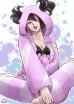  1girl barefoot black_bra black_hair bra breasts cleavage hair_over_one_eye han_juri head_tilt highres hood hood_up multicolored_hair official_alternate_costume official_alternate_hairstyle pajamas pink_hair pink_pajamas risatwun sitting solo streaked_hair street_fighter street_fighter_6 stuffed_animal stuffed_spider stuffed_toy tongue tongue_out twintails underwear unzipped 