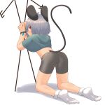  1girl absurdres animal_ears ass bike_shorts blue_capelet blush bound bound_wrists capelet clenched_teeth commentary_request crystal dowsing_rod from_behind full_body greenpiecerice grey_hair grey_shorts highres kneeling looking_at_viewer looking_back mouse_ears mouse_girl mouse_tail nazrin no_shoes red_eyes short_hair shorts simple_background socks solo tail teeth touhou white_background white_socks 