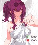  1girl bare_shoulders breasts closed_mouth collarbone english_commentary hair_between_eyes holding holding_towel honkai:_star_rail honkai_(series) kafka_(honkai:_star_rail) kili_kilio large_breasts long_hair looking_at_viewer meme ponytail purple-tinted_eyewear purple_eyes purple_hair round_eyewear sidelocks simple_background smile solo standing sunglasses tinted_eyewear towel twitter_strip_game_(meme) upper_body zoom_layer 