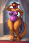  anthro big_breasts breasts dragon female front_view genitals greeneyes hair hair_over_eye hi_res naive_tabby nipples non-mammal_breasts non-mammal_nipples one_eye_obstructed orange_body orange_scales purple_body purple_scales pussy red_hair scales scalie slightly_chubby solo standing thick_thighs tongue tongue_out voluptuous_female 